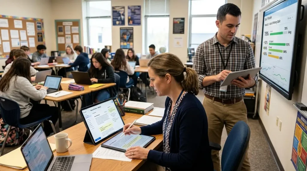 Teacher saving time by reviewing AI-prepared feedback for essays while another teacher tracks instant quiz results and student progress on digital devices.