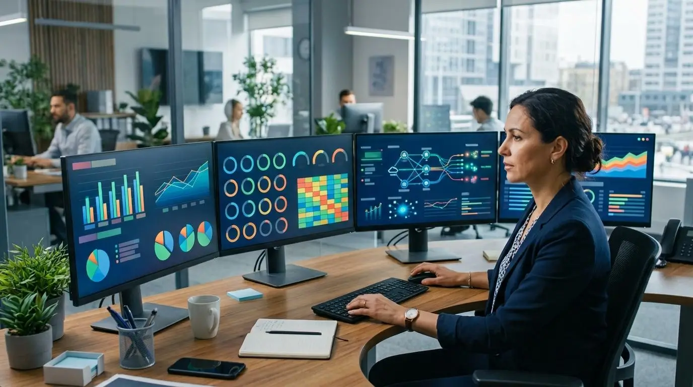 Training administrator monitoring visual analytics dashboard