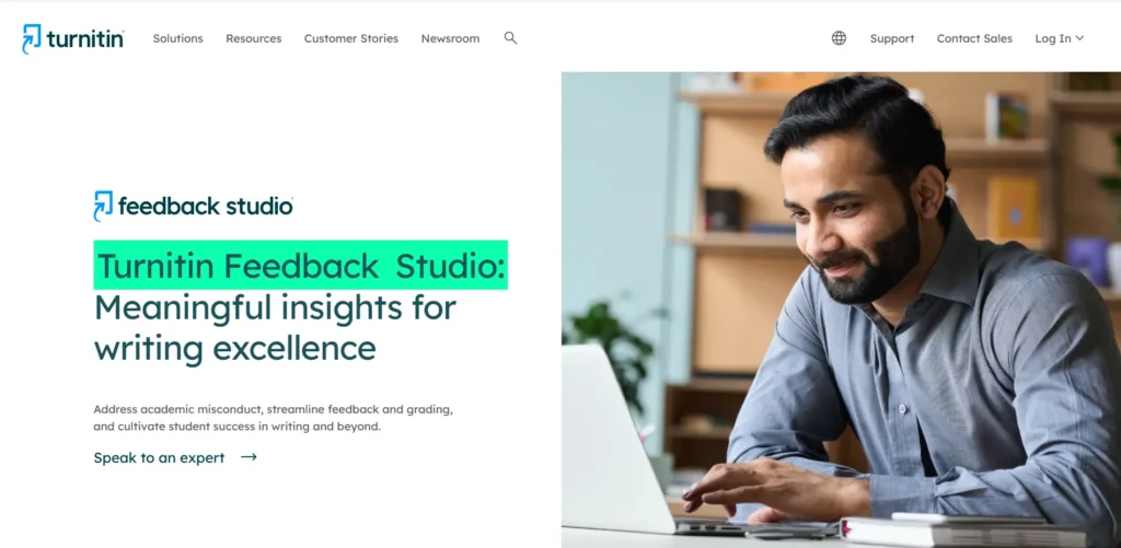 Turnitin Feedback Studio homepage showcasing AI-assisted writing feedback, plagiarism detection, grading tools, and writing improvement solutions for educators and students. 