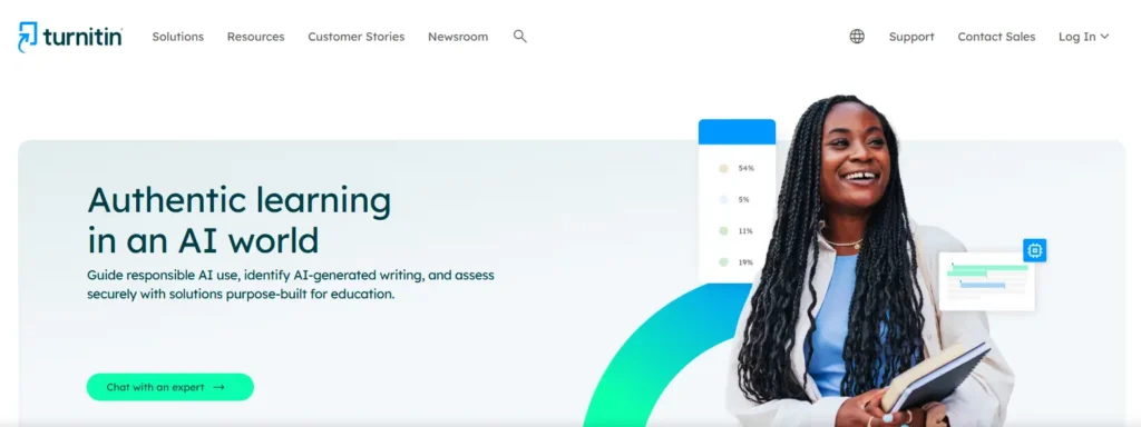 Turnitin homepage highlighting AI-powered academic integrity tools for detecting AI-generated writing, plagiarism, and supporting authentic learning in education.
