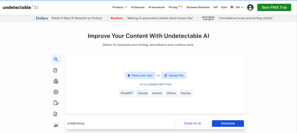 Undetectable AI writing platform featuring AI humanizer, AI detector