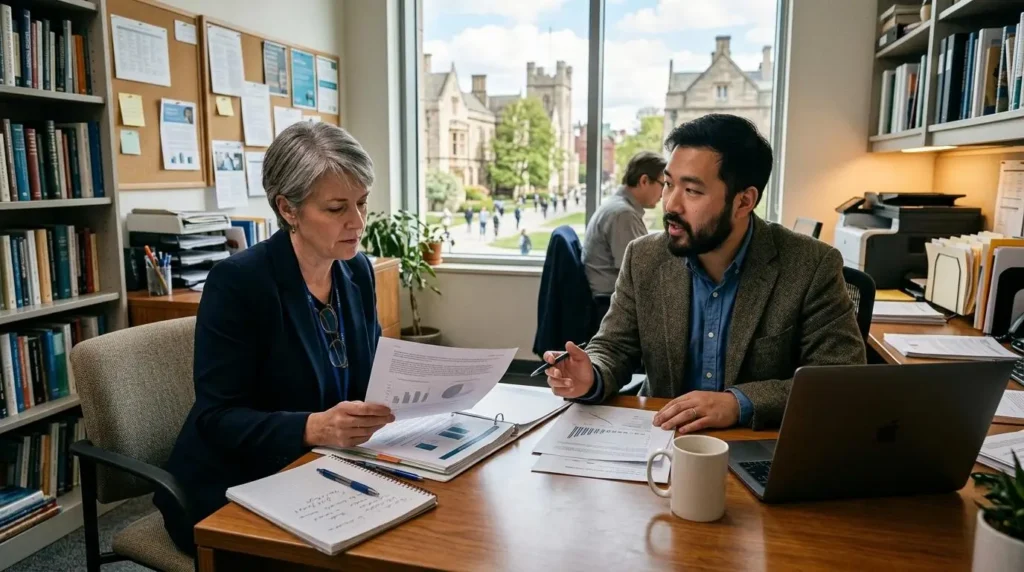 University administrator and instructor reviewing the long-term value of AI-assisted grading