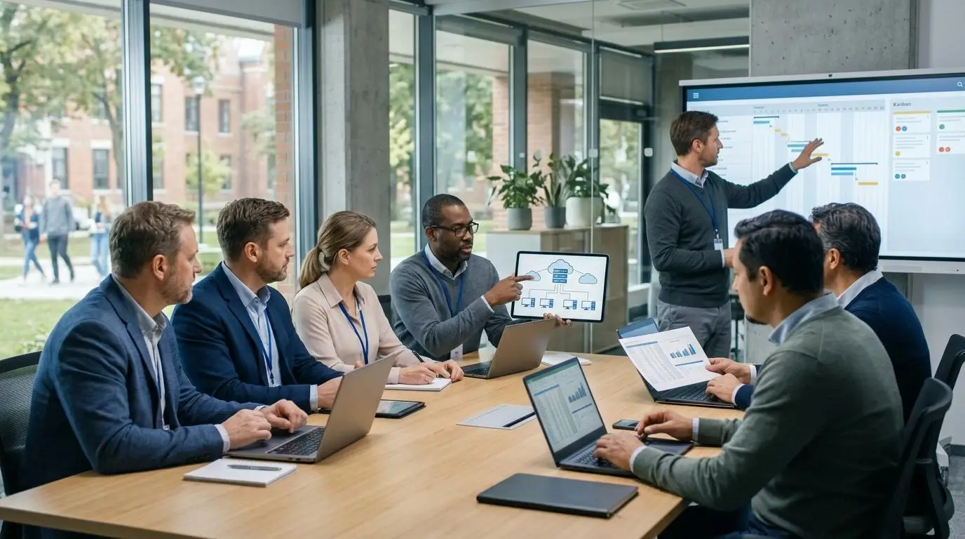University administrators and IT professionals evaluating secure online assessment solutions with cloud infrastructure, virtual desktops, budgeting concepts, and digital planning tools.