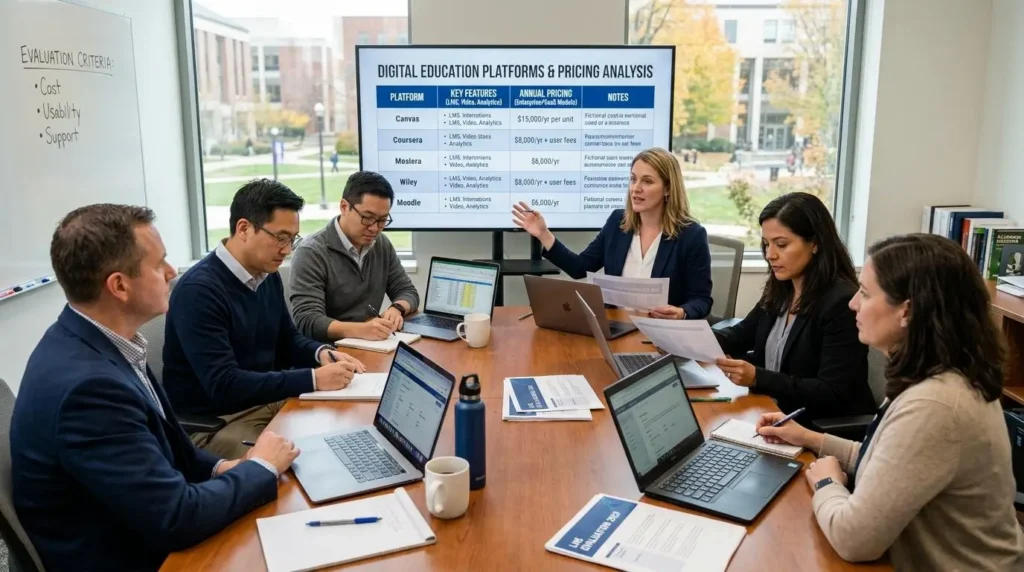 University administrators and instructors reviewing digital education platforms.