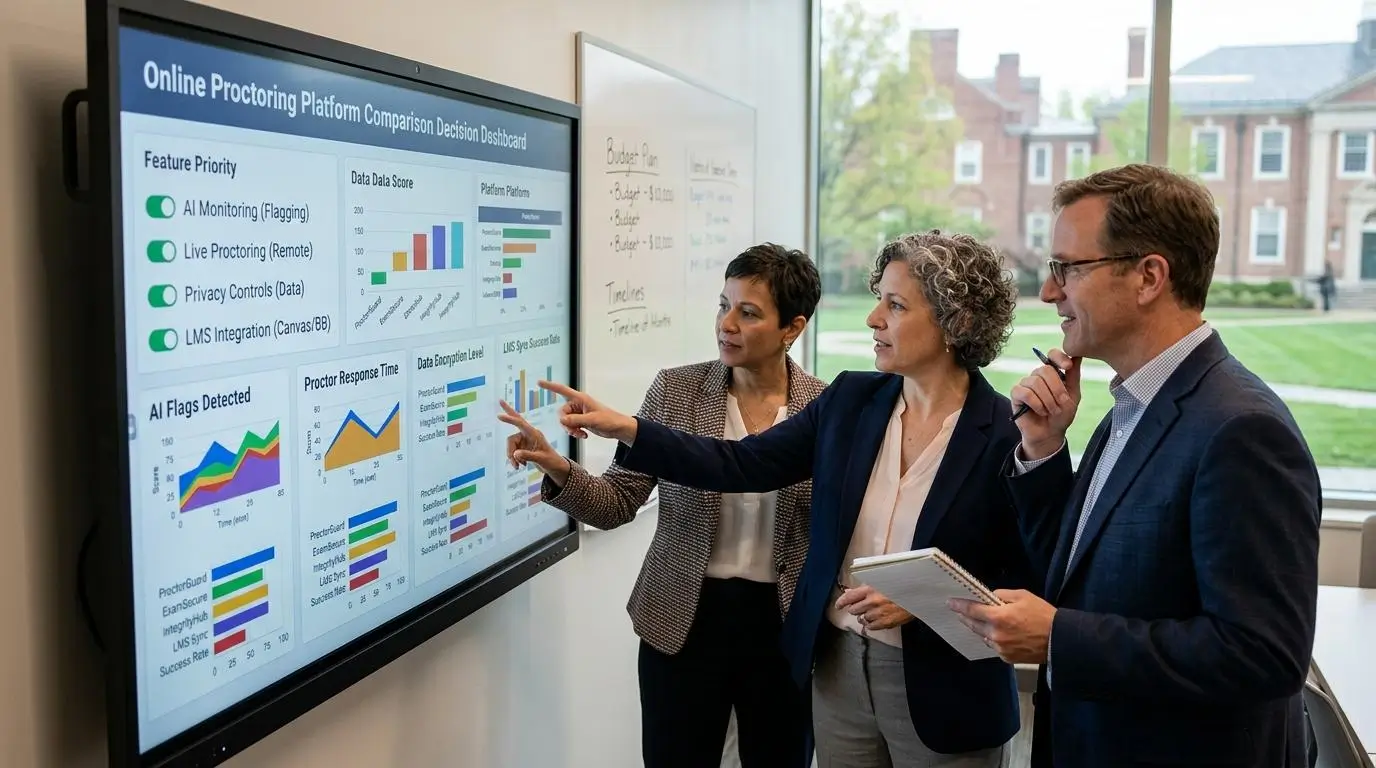 University administrators comparing online proctoring platforms on a decision dashboard.