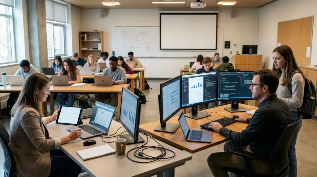 University classroom with an instructor reviewing detailed digital submissions while a K-12 teacher monitors student assessment progress on multiple devices.