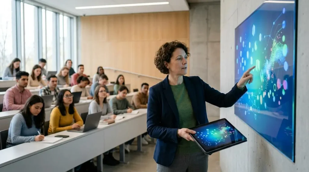 University instructor analyzing student performance through AI-powered assessment