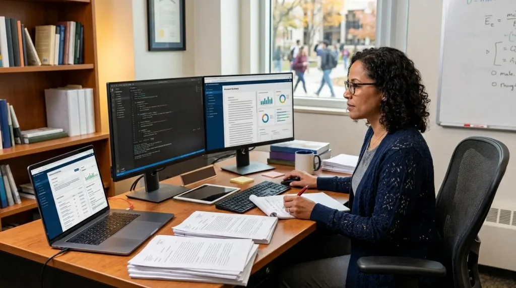University instructor assessing essays, coding assignments, reports, and research papers with AI assistance while maintaining full control over final grades.