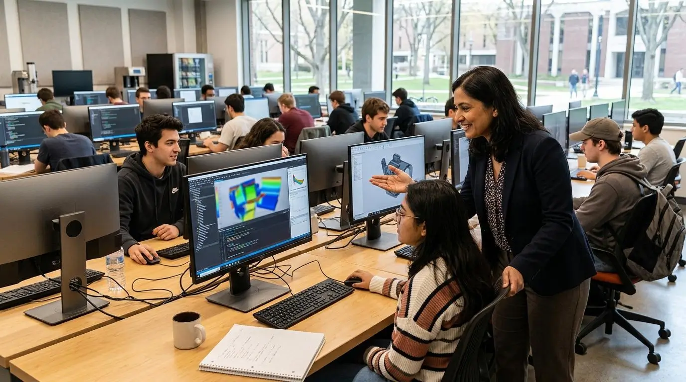 University instructor assisting students using cloud-hosted virtual desktops