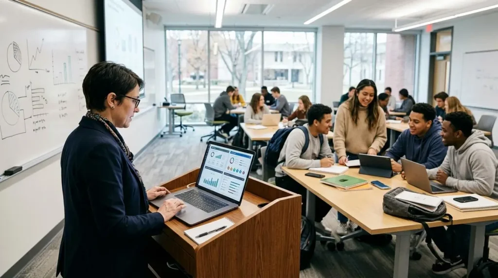 University instructor comparing multiple educational technology platforms on a laptop while students collaborate in a modern classroom. 