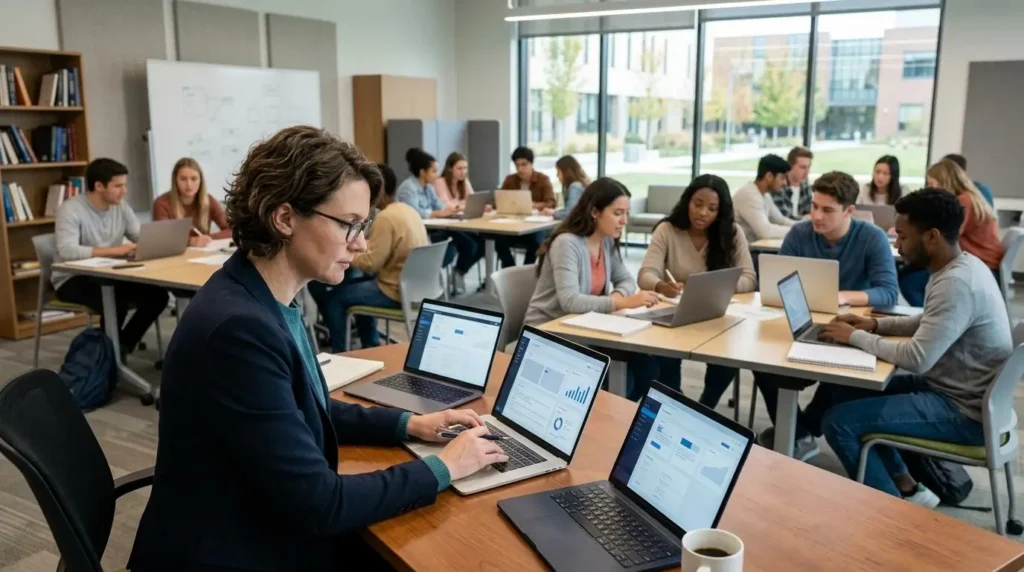 University instructor evaluating multiple peer review platforms while students collaborate on essay revisions using laptops in a modern classroom. 