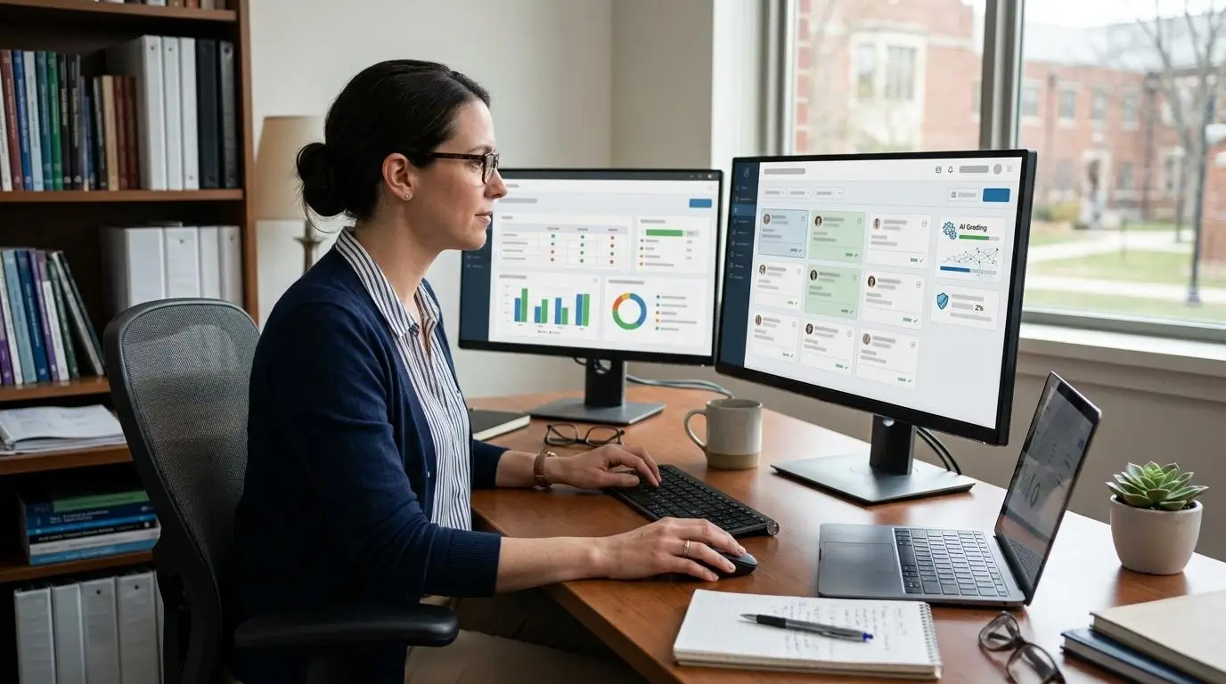 University instructor managing student assignments through a learning management system