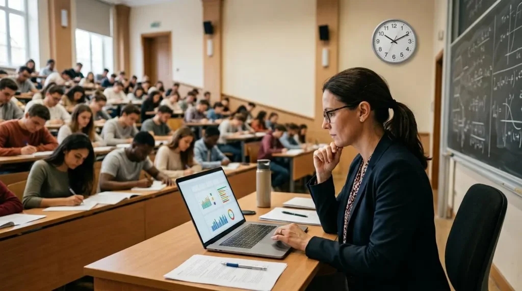  University instructor reviewing AI-assisted grading results on a laptop while a clock subtly symbolizes faster assessment