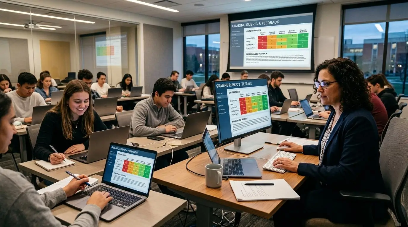 University instructor reviewing AI-assisted rubric-based grading