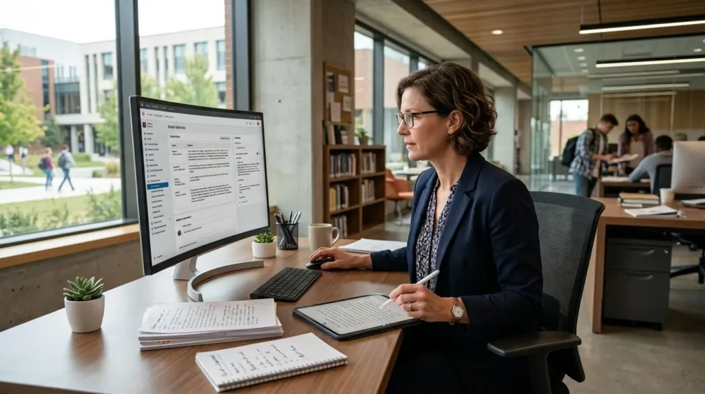 University instructor reviewing AI-generated rubric-based feedback on student essays while approving final grades, modern educational workspace.