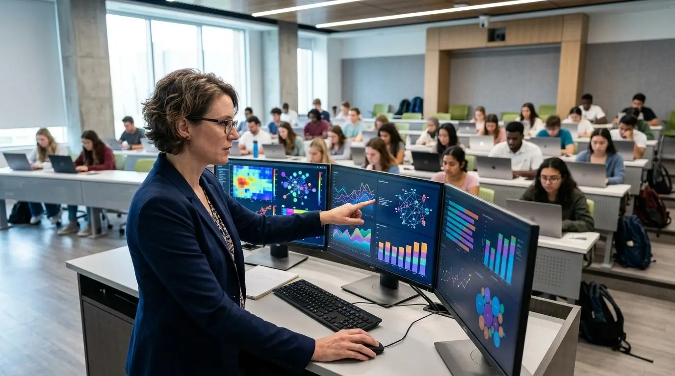 University instructor reviewing colorful analytics dashboards with abstract charts