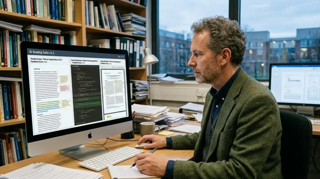 University instructor reviewing essays, coding assignments, and research papers through a unified AI-powered grading interface