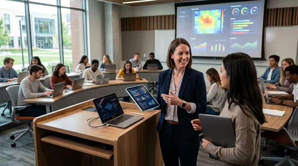 University instructor seamlessly managing digital assignments through an integrated learning platform