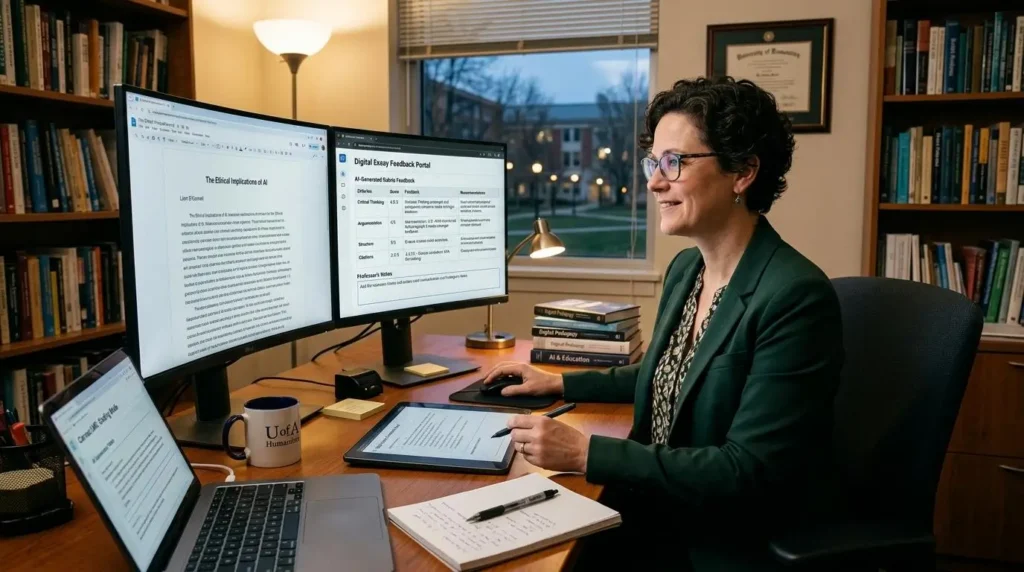 University professor evaluating digital essays with AI-generated rubric feedback