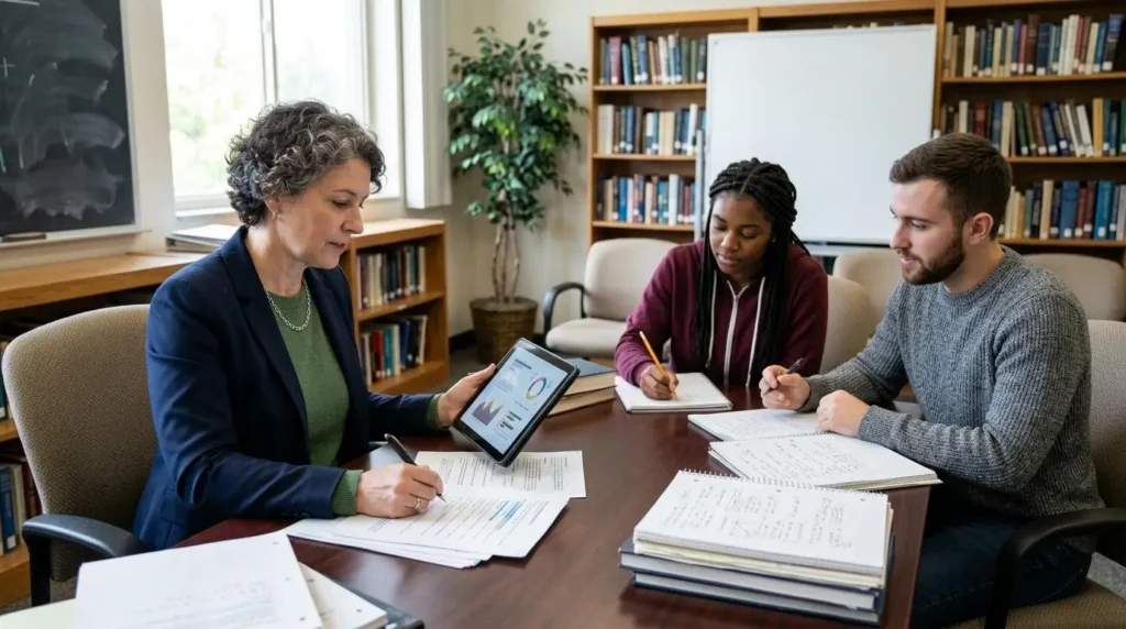 University professor evaluating student assignments with AI support