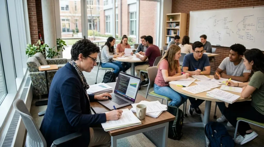 University professor reviewing essays, coding projects