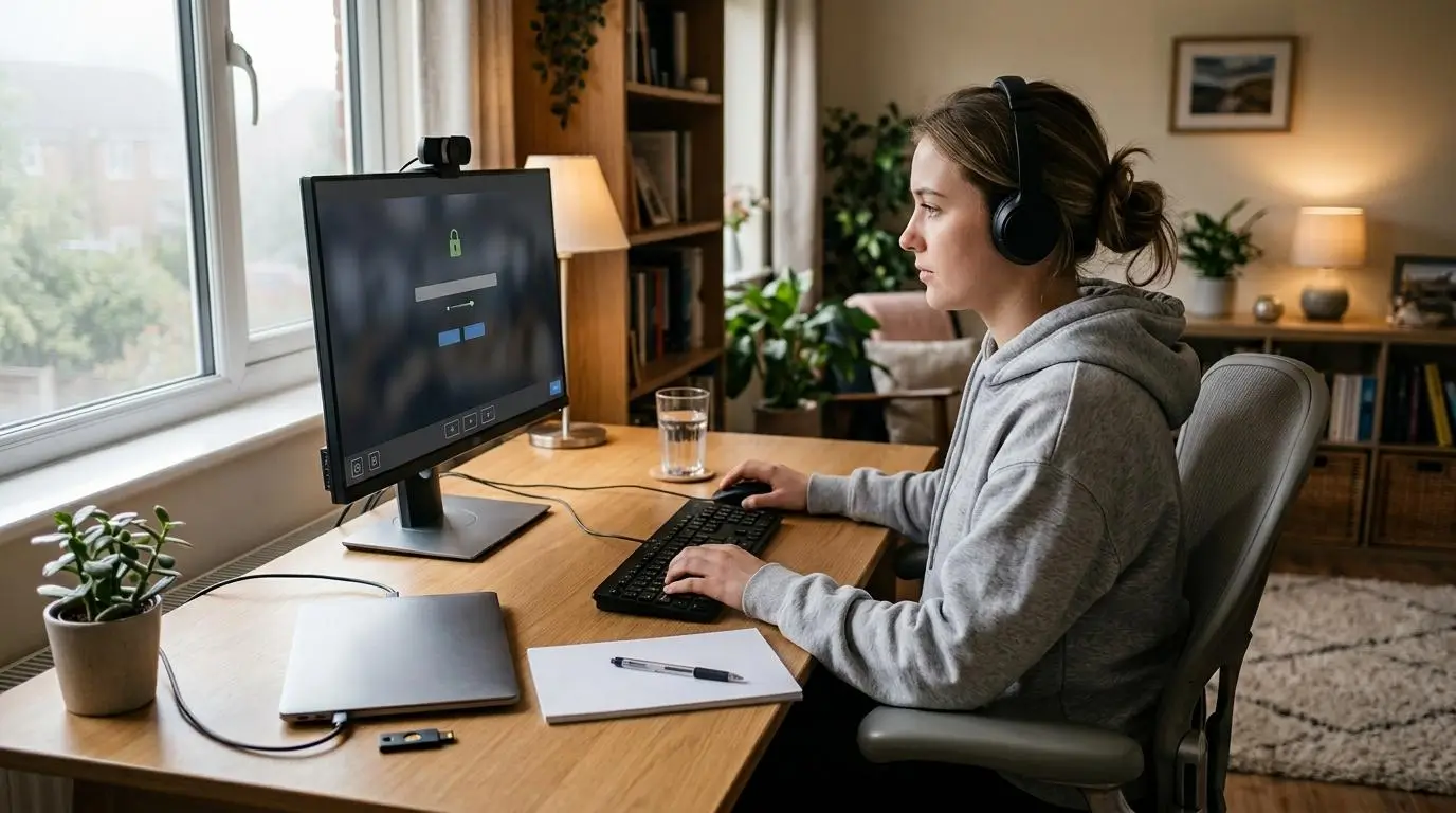 University student taking a secure online exam in home