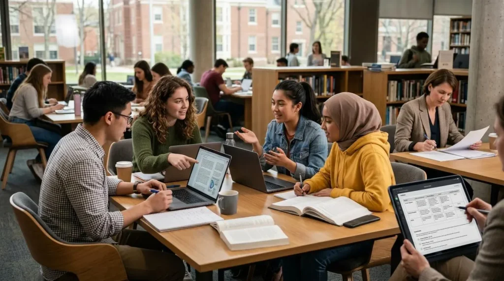 University students collaborating around laptops, researching credible sources