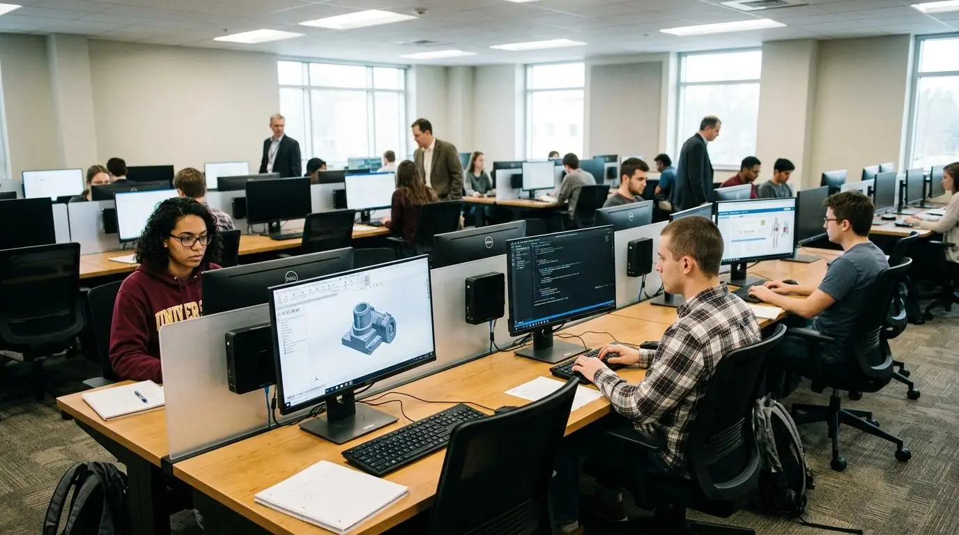 University students completing practical software-based assessments 