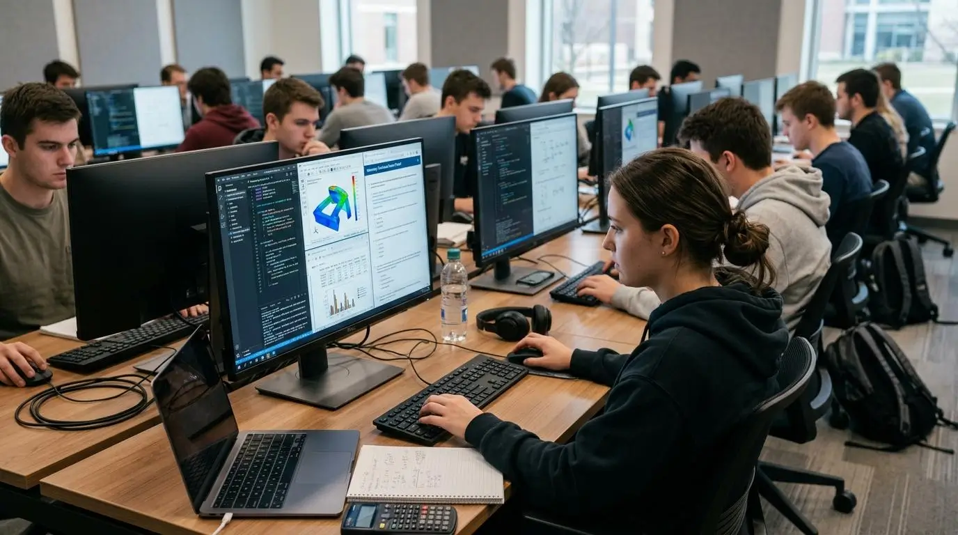 University students completing technical online exams