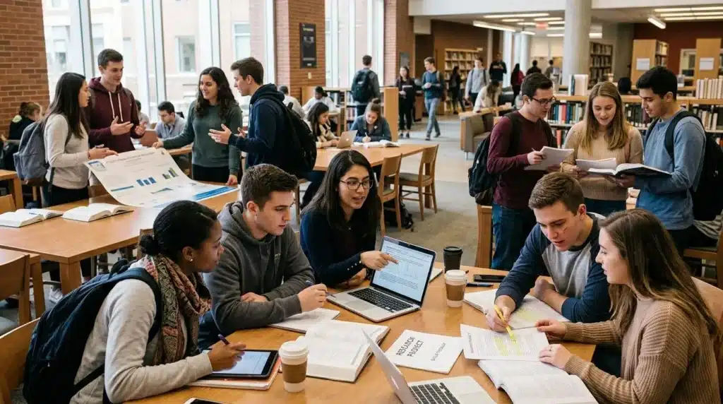 University students gathered in small groups exchanging ideas