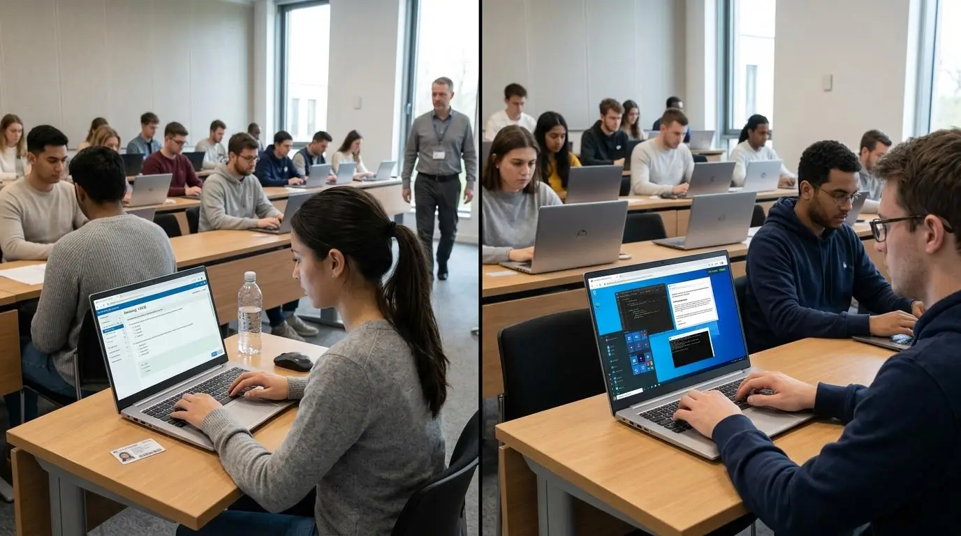 University students taking digital exams on laptops