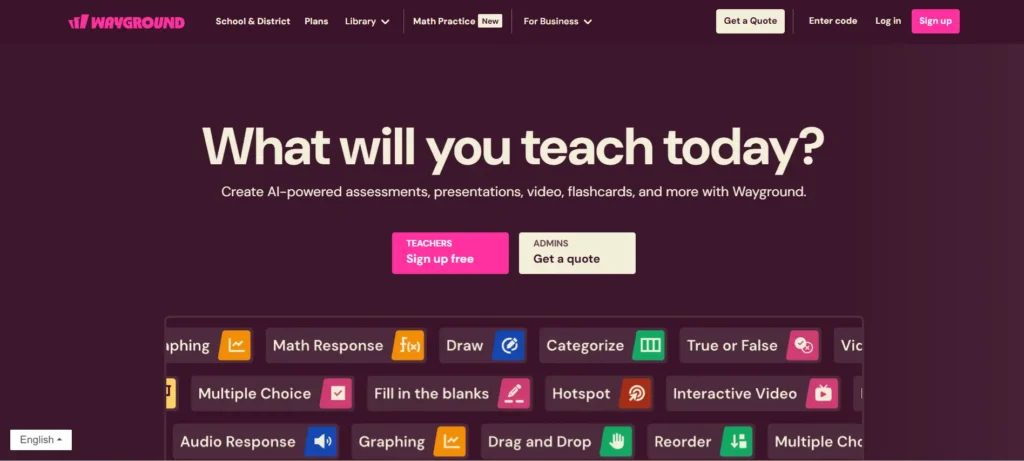 Wayground homepage featuring an AI-powered assessment platform with interactive question types, digital learning tools, and resources for teachers and schools.