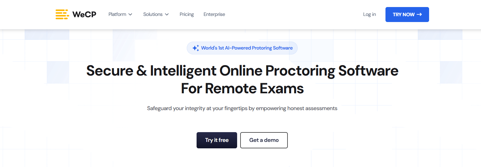 WeCP homepage showcasing AI-powered online proctoring software with secure remote exam monitoring
