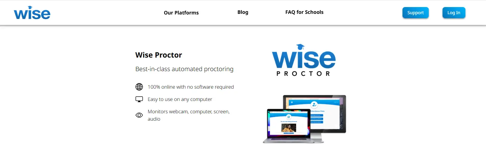 Wise Proctor homepage showcasing automated online proctoring software.