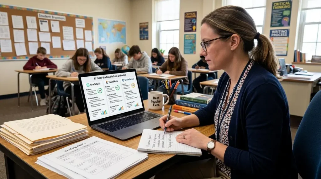 Teacher comparing multiple AI essay grading platforms on a laptop dashboard, evaluating features, feedback quality, and classroom needs