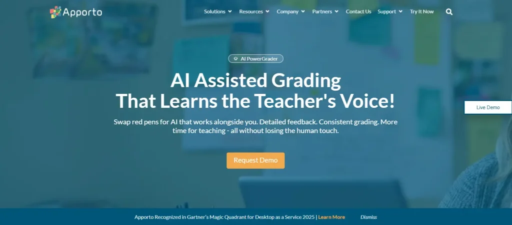 Apporto AI PowerGrader homepage showcasing AI-assisted grading software designed to streamline grading and provide consistent educator feedback.
