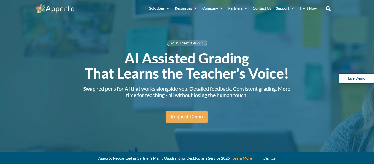 Apporto AI PowerGrader homepage showcasing AI-assisted grading software designed to streamline grading and provide consistent educator feedback.