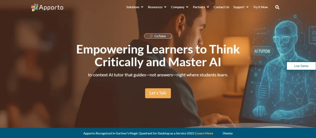 Apporto CoTutor homepage showcasing an AI tutor that guides higher education students