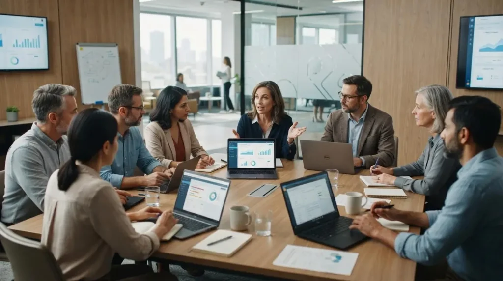 Education leaders and teachers discussing AI learning platforms