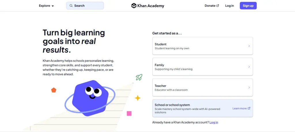 Khan Academy personalized learning platform helping students, teachers, families, and schools achieve academic success through AI-powered education and mastery learning