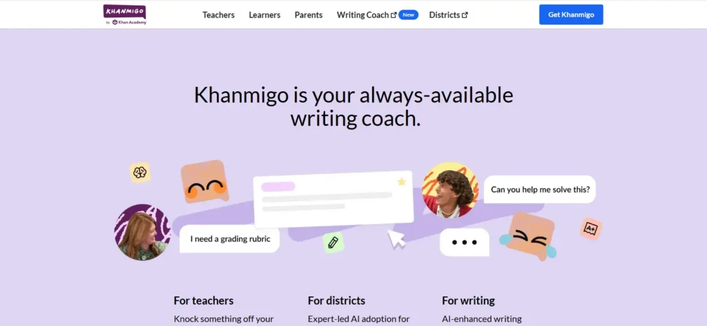 Khanmigo AI writing coach providing personalized writing support and tutoring