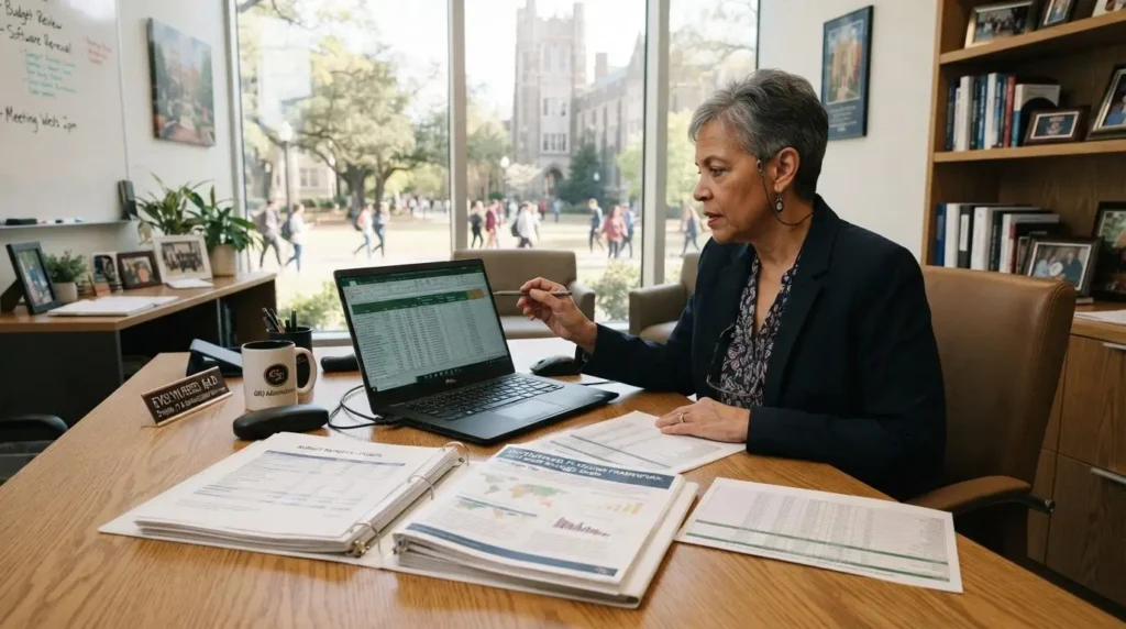 academic office with a university administrator reviewing software licensing