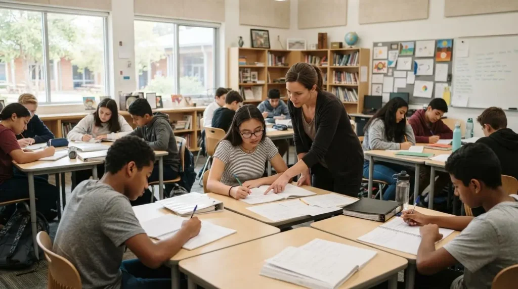 Modern classroom photograph featuring students actively engaged in writing 