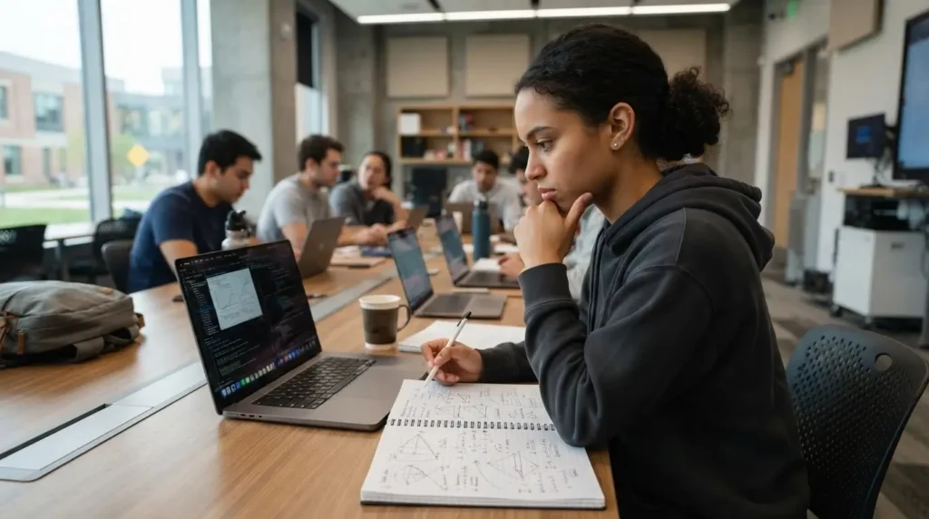 college student analyzing a technical assignment on a laptop