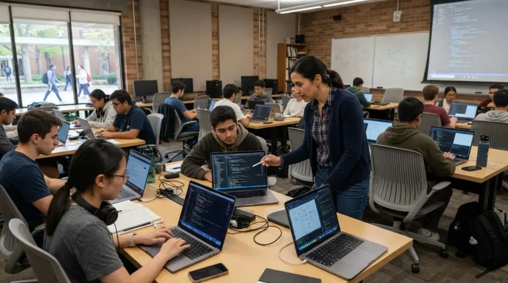 computer science classroom with students working on laptops displaying programming projects.