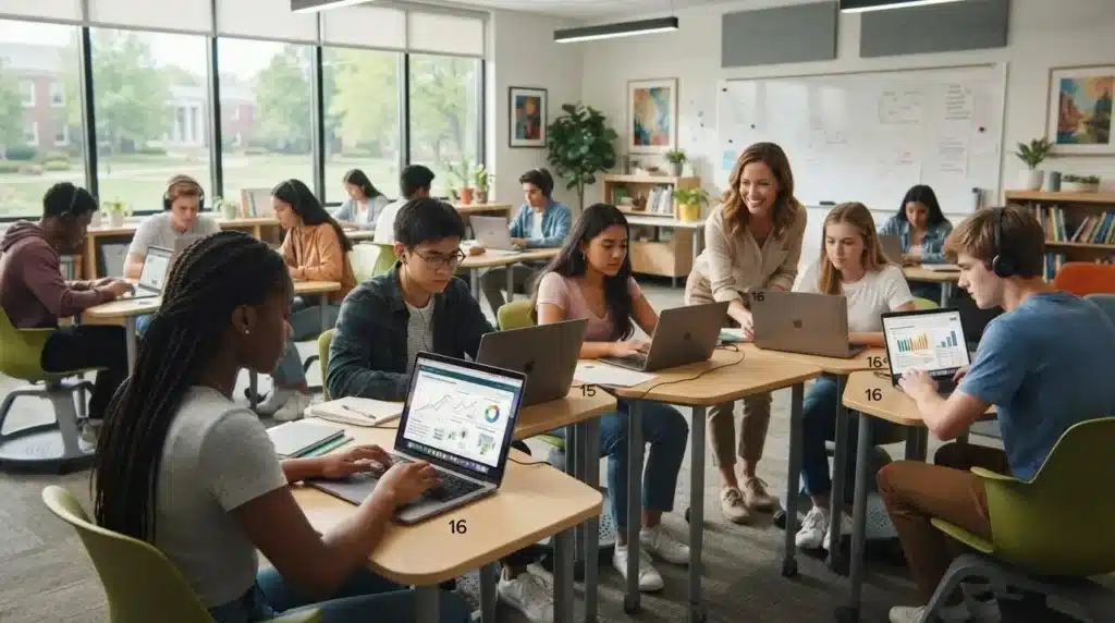 diverse students learning at their own pace on laptops in a modern classroom