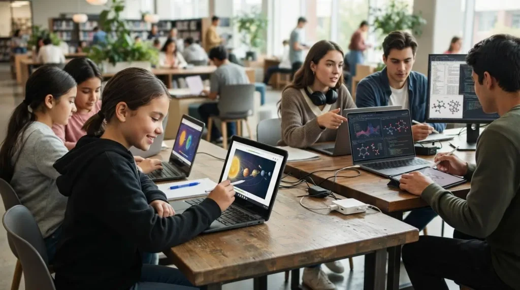 education technology scene showing a K-12 student progressing through personalized digital lessons