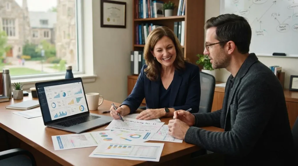 educator and academic administrator collaborating over a laptop and printed reports in a university office