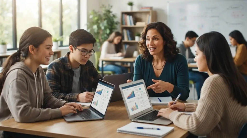 educator discussing AI learning platform options with students