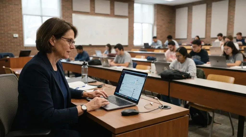 educator using a laptop in a university classroom